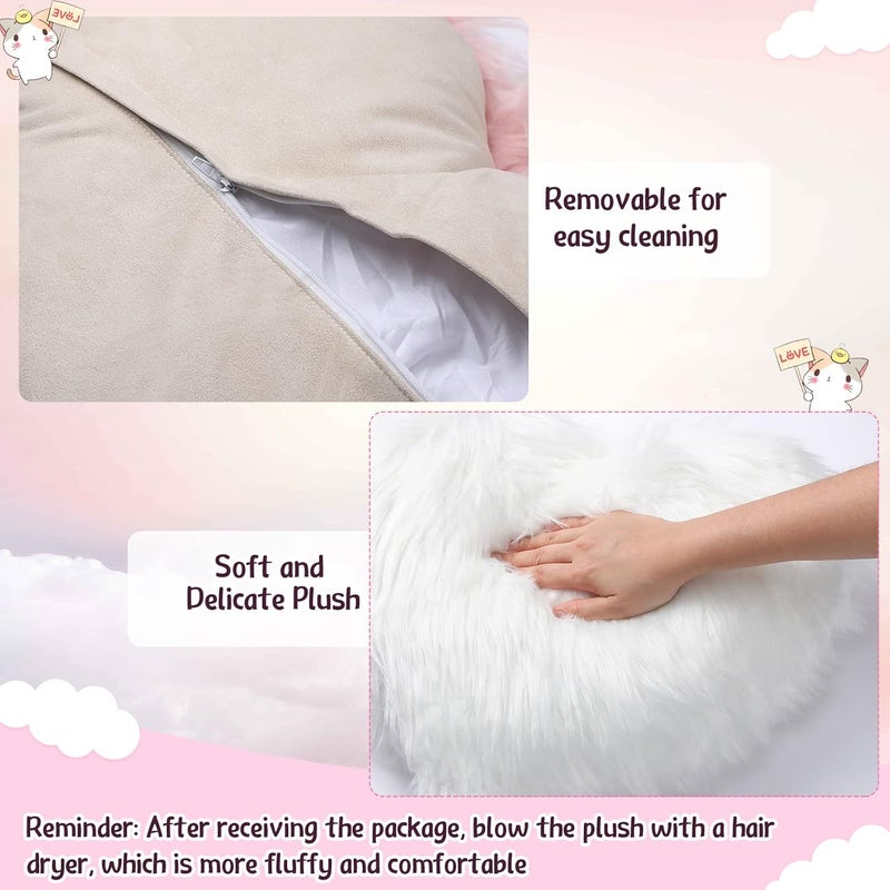 Enhon 2 Pcs Fluffy Heart Pillows Faux Fur Heart Shaped Plush Pillow Soft 20 x 15.7 Inch Love Throw Pillows with Insert for Decorative Office Home Bedroom Living Room Sofa(White) - Image 2